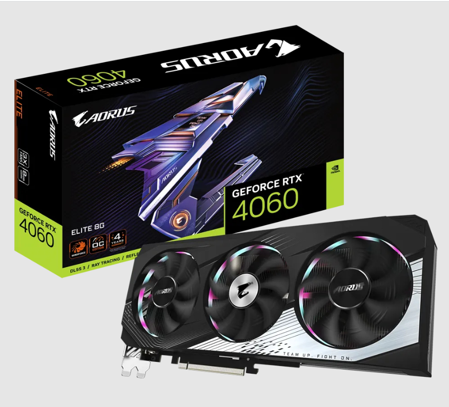  nVIDIA GeForce RTX4060 AORUS ELITE 8GB GDDR6<br>Clock: 2640 MHz, 2x HDMI/ 2x DP, Max Resolution: 7680 x 4320, 1x 8-Pin Connector, Recommended: 450W  